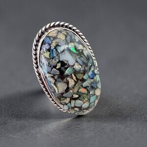 Ethiopian Opal Chip Inlay 925 Silver Plated Ring